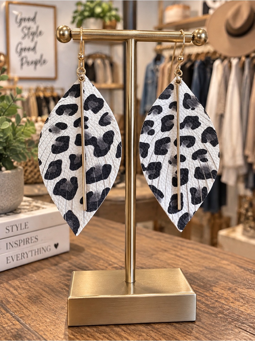 White & Black Leopard Leaf Drop Earrings with gold accent
